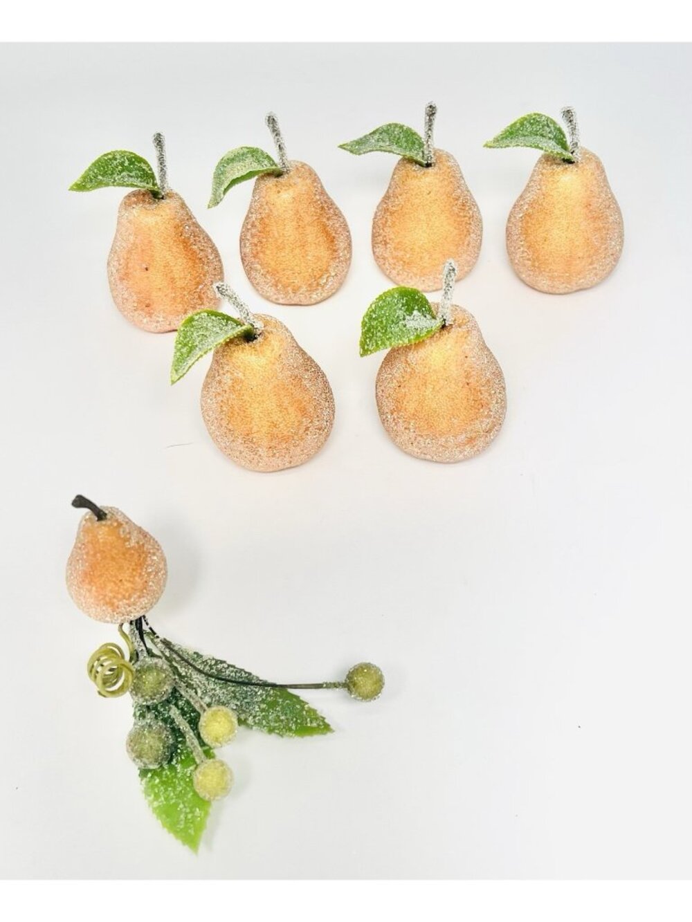 MCM Sugared Faux Fruit Lot: 6 Mini Pears & 1 Pick Beaded Frosted Holiday Decor